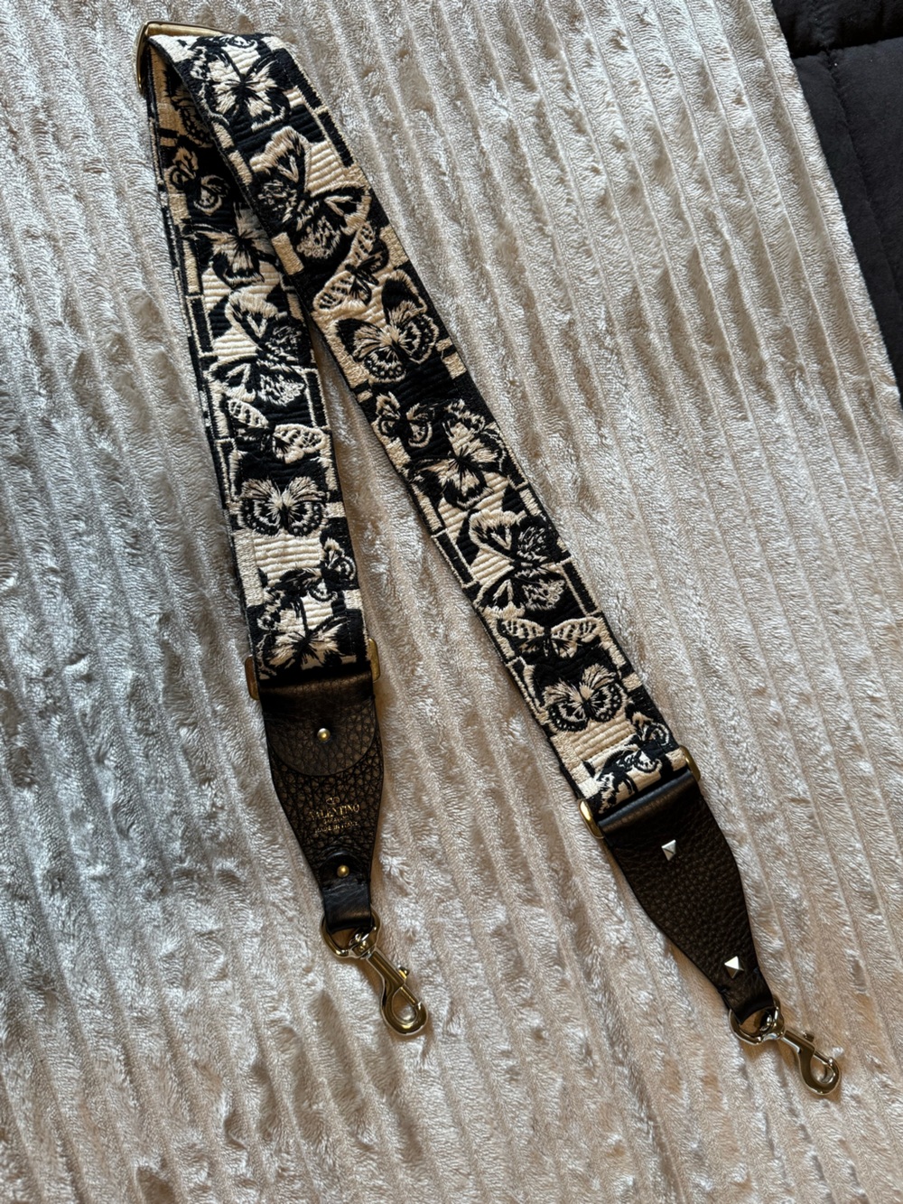 Valentino Black & Cream Woven Floral Guitar-Style Bag Strap